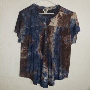 Sienna Grace Marble Tie Dye Blouse 2X Blue Brown Boho Pleated Short Sleeve